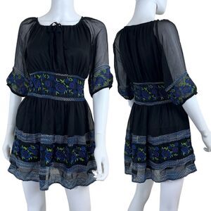 Gracia Fashion Women Size S Black Sheer Mesh Embroidered Floral Mini Dress Boho
